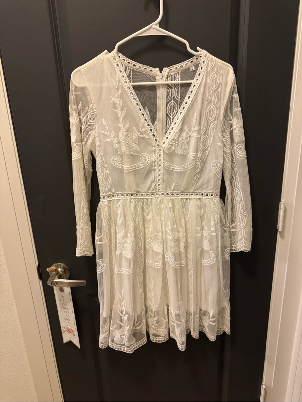 Lulu's White Long-Sleeve Embroidered V-Neck Midi Dress